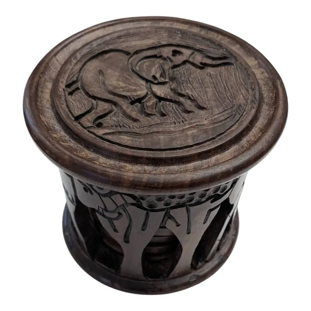 Vintage African Safari Hand Carved Wood Coaster Set Elephants Giraffe Unique